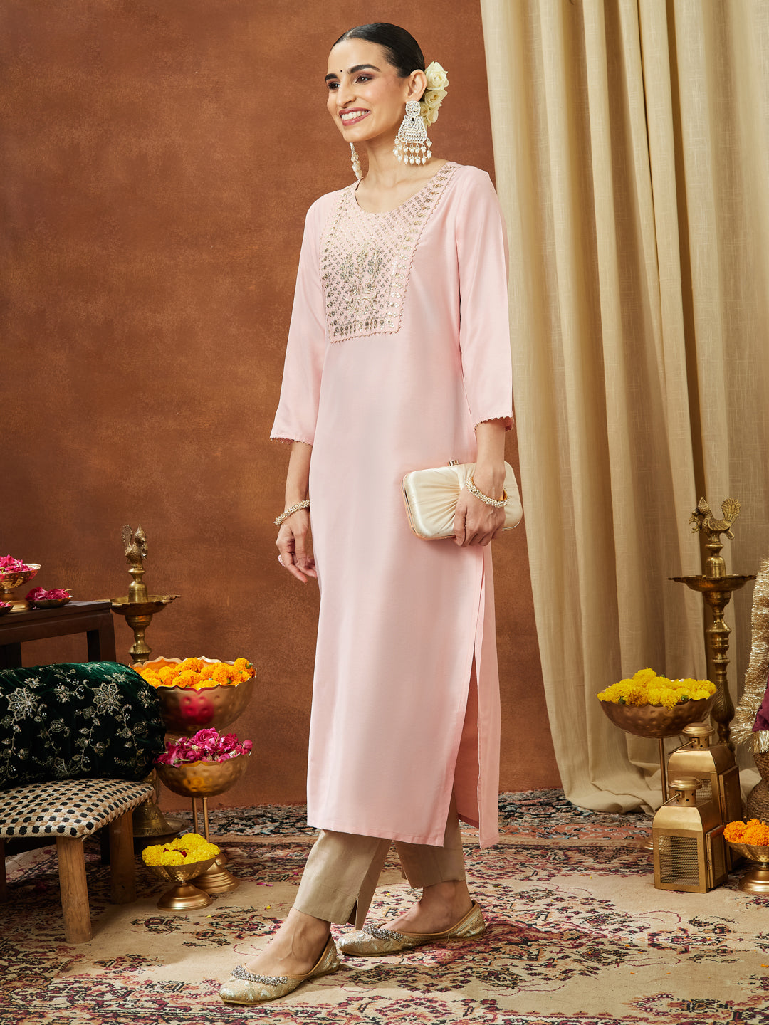 Janasya Women's Light Pink Chanderi Silk Yoke Embroidered Straight Kurta - qivii