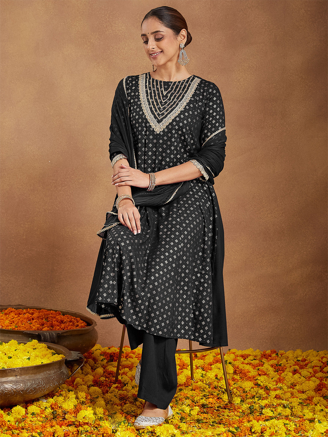 Janasya Women's Black Rayon Foil Print & Embellished Anarkali Kurta Set - qivii