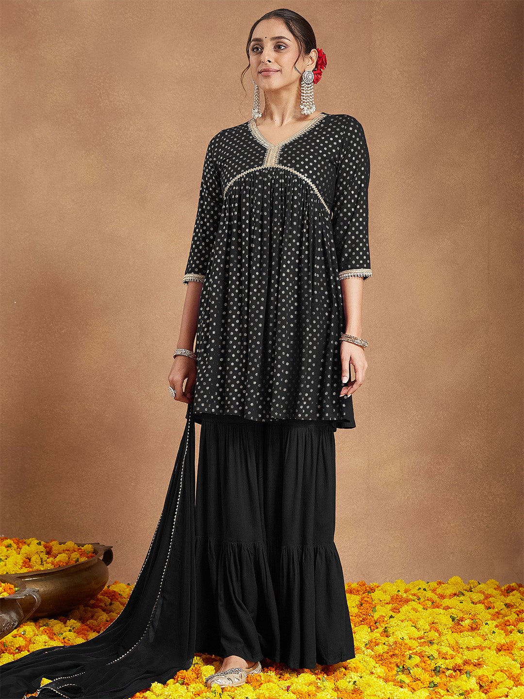 Janasya Women's Black Rayon Foil Printed A-line Kurta With Sharara & Dupatta Set - qivii