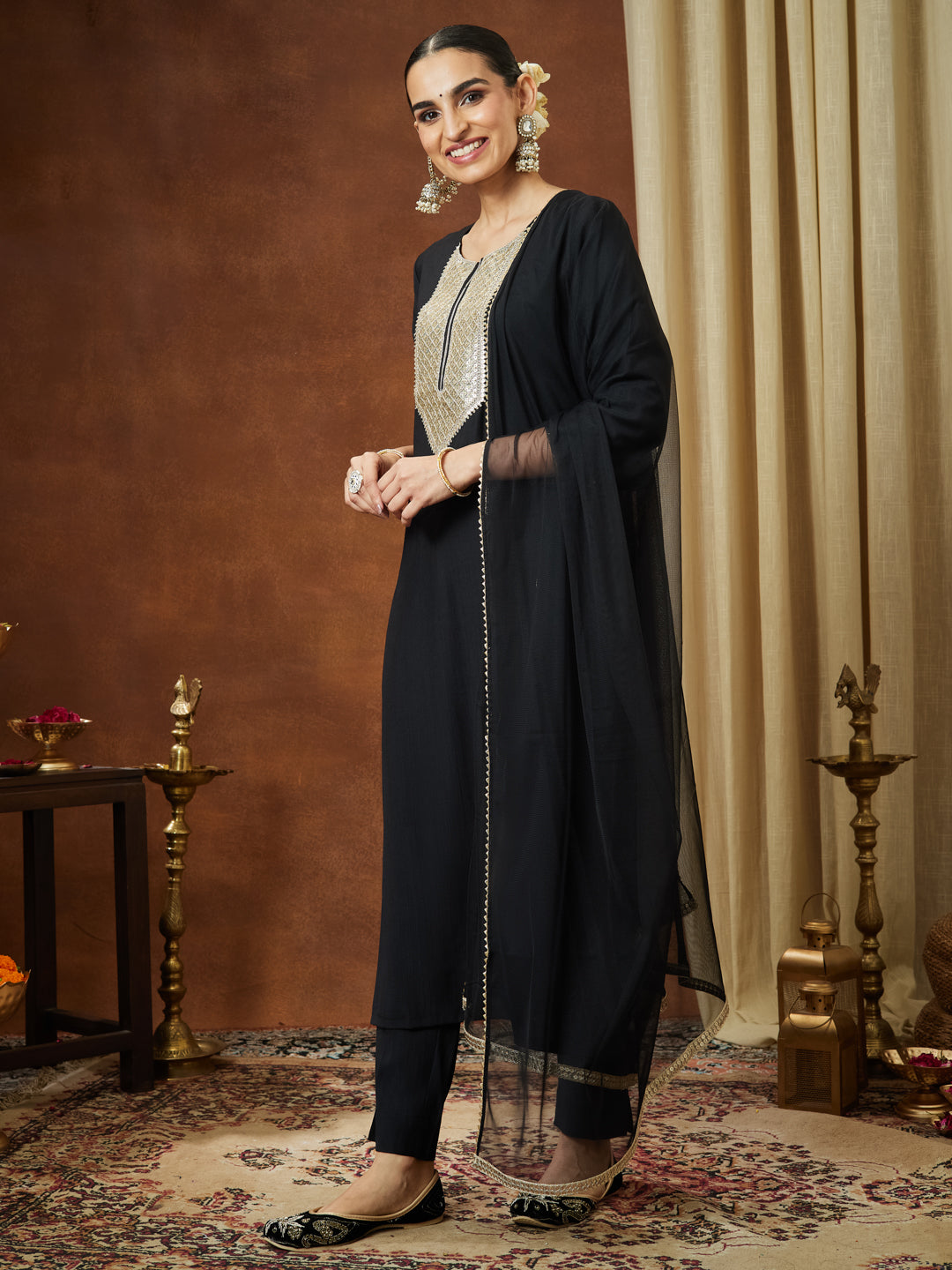 Janasya Women's Black Silk Blend Embellished Yoke Design Straight Kurta Set