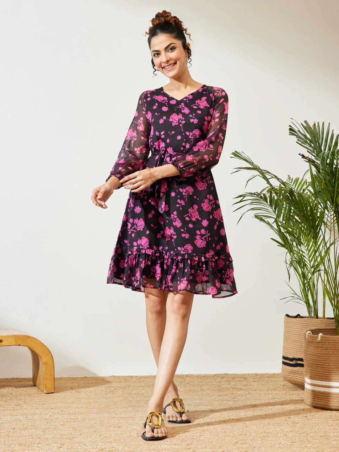 Janasya Women's Black Chiffon Floral Printed A-line Dress