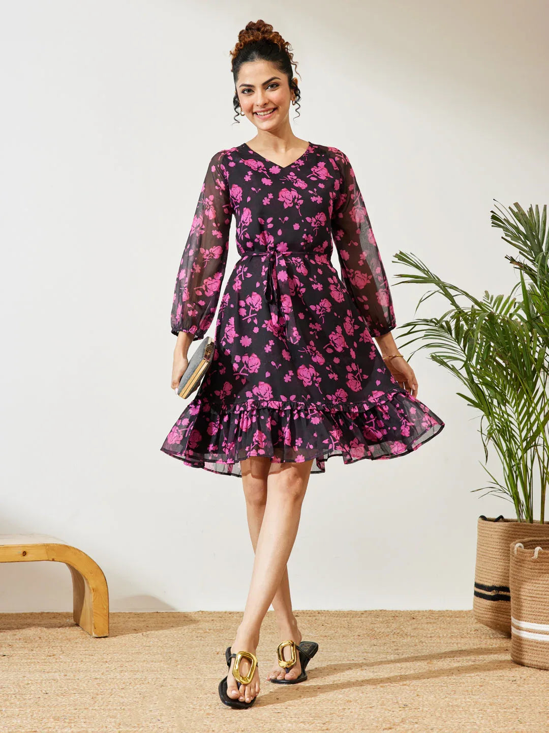 Janasya Women's Black Chiffon Floral Printed A-line Dress