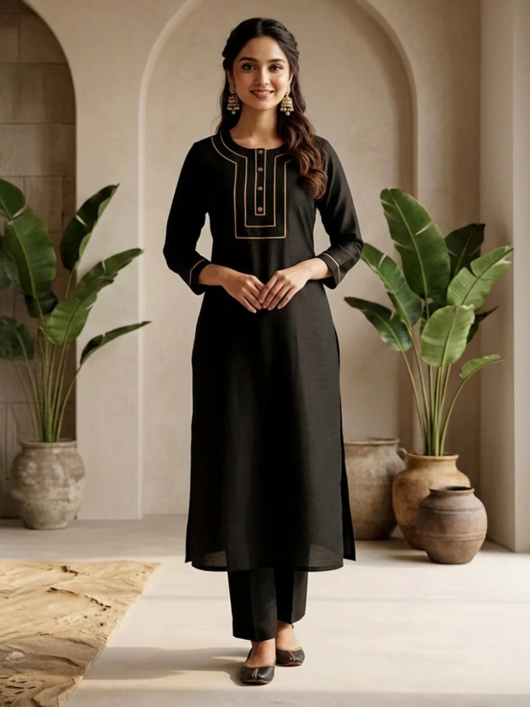 Janasya Women's Black Color Crepe Silk Solid Straight Kurta Pant Set
