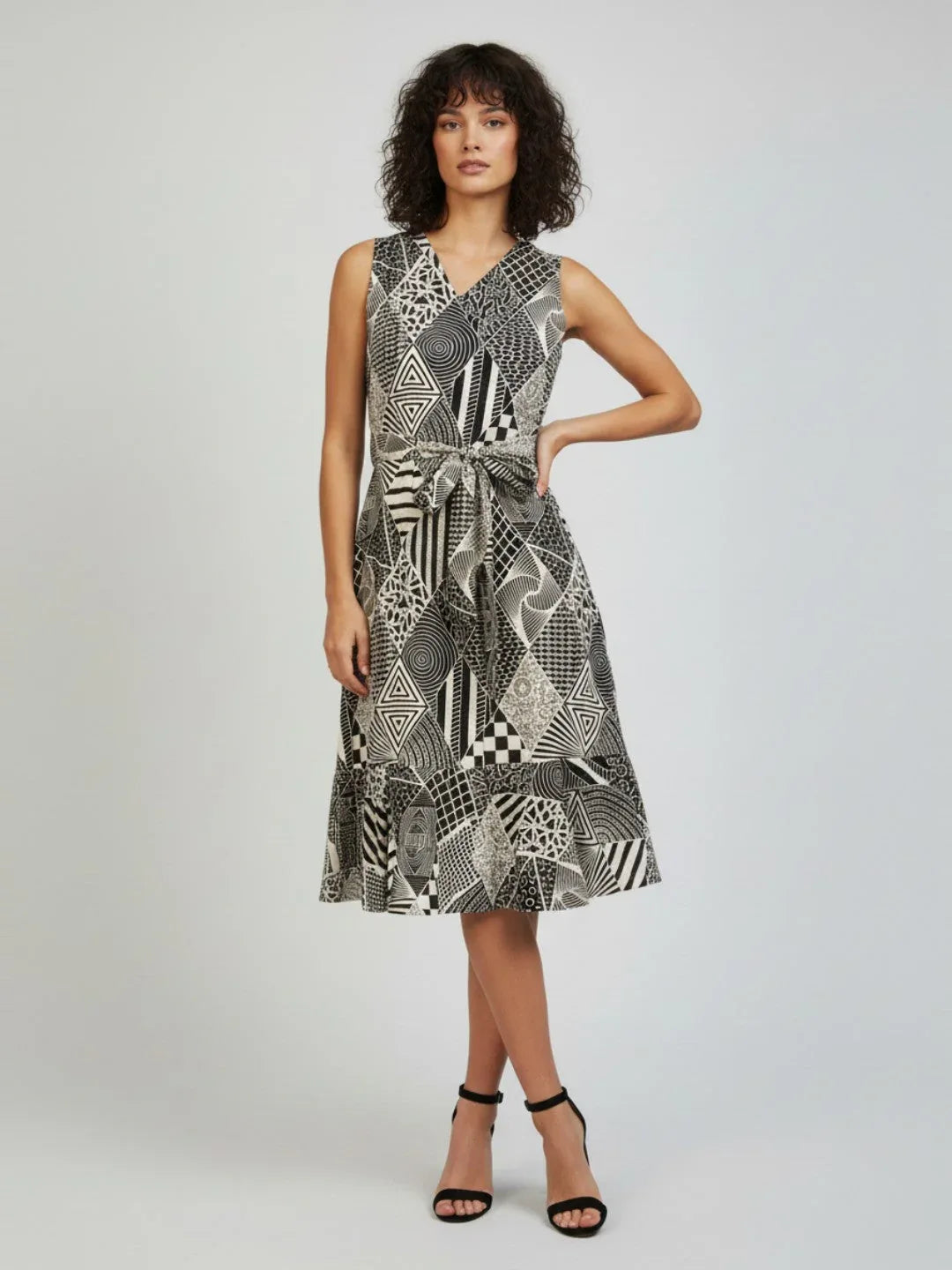 Janasya Women's White Pure Cotton Geometric Printed A-line Dress