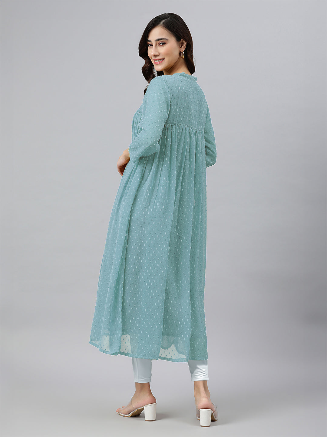 Blue Dobby Chiffon Self Design Flared Kurta - qivii