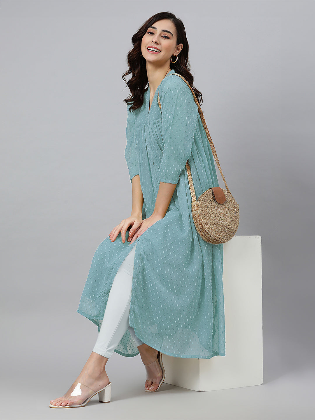 Blue Dobby Chiffon Self Design Flared Kurta - qivii