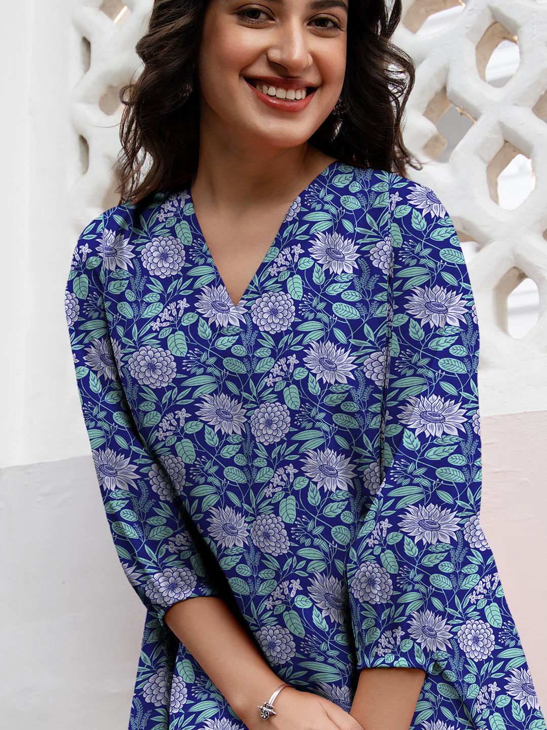 Blue Georgette Floral Printed A-Line Tunic - qivii