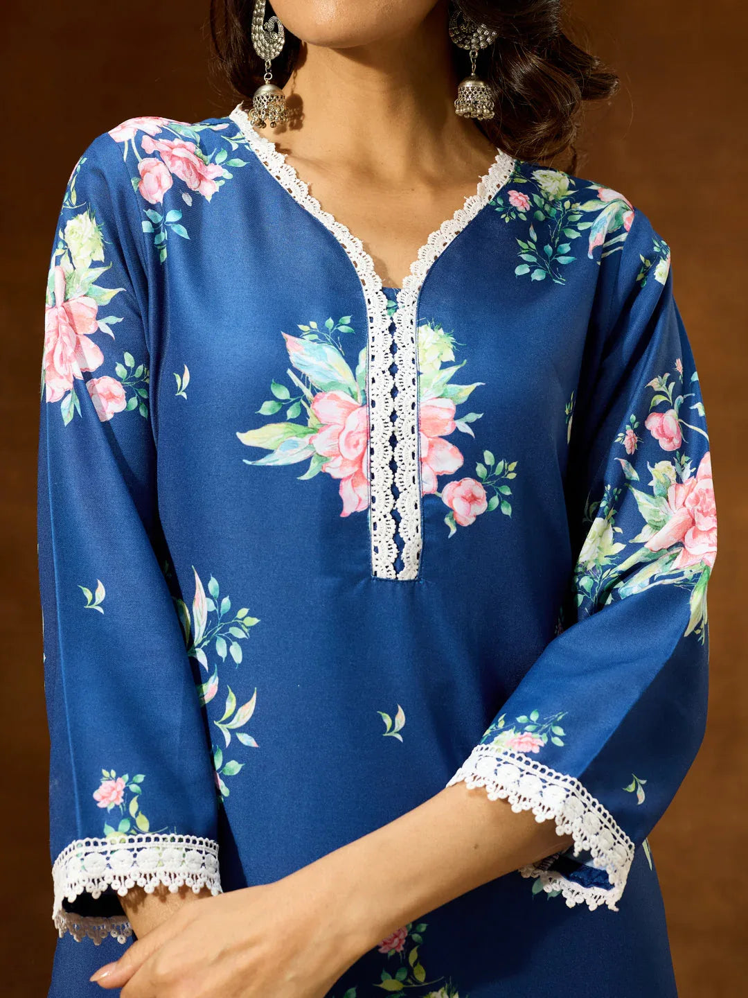 Janasya Women's Blue Cotton Blend Floral Printed Straight Co-ord Set