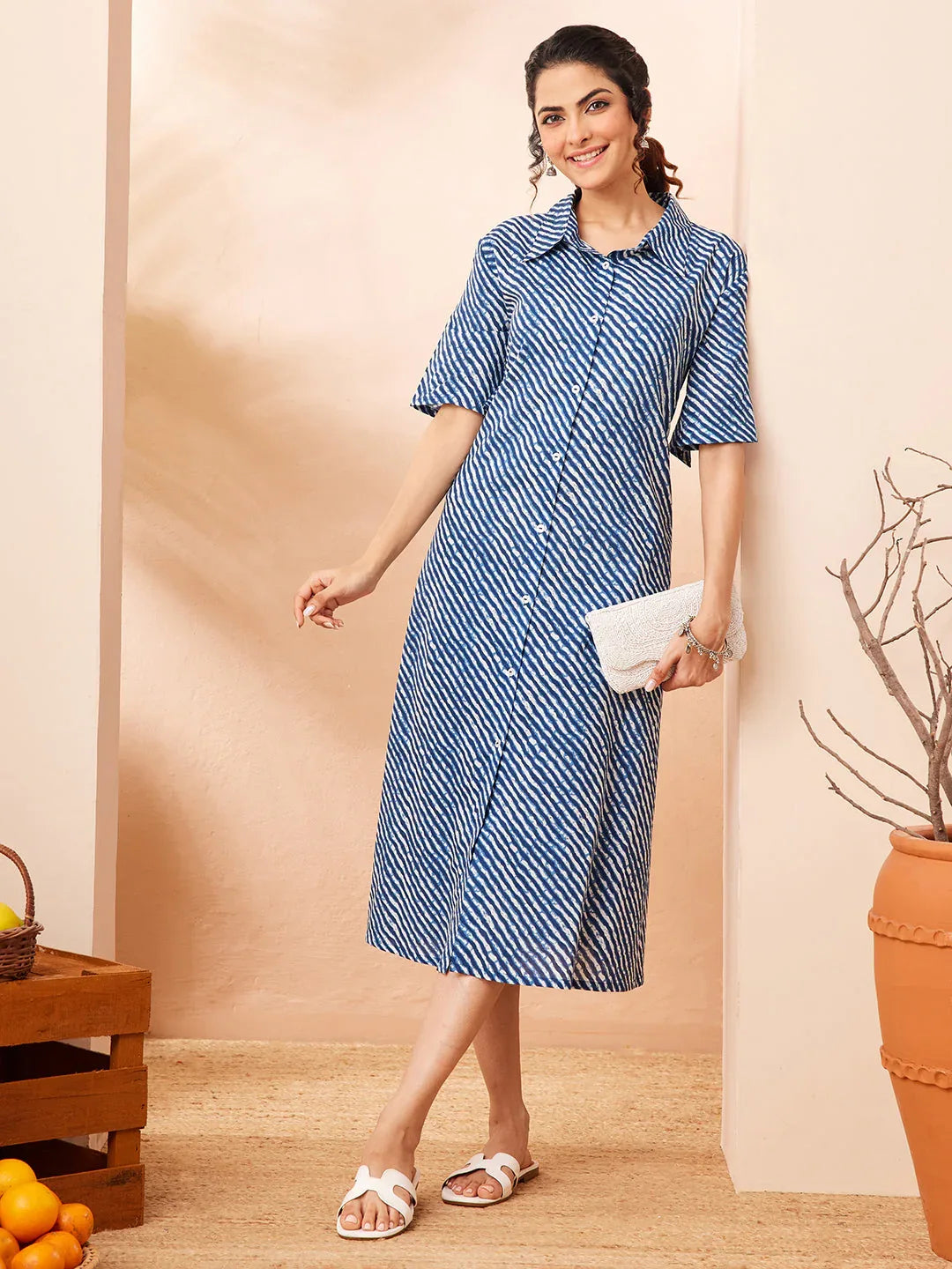 Janasya Women's Blue Pure Cotton Leheriya Printed A-line Dress