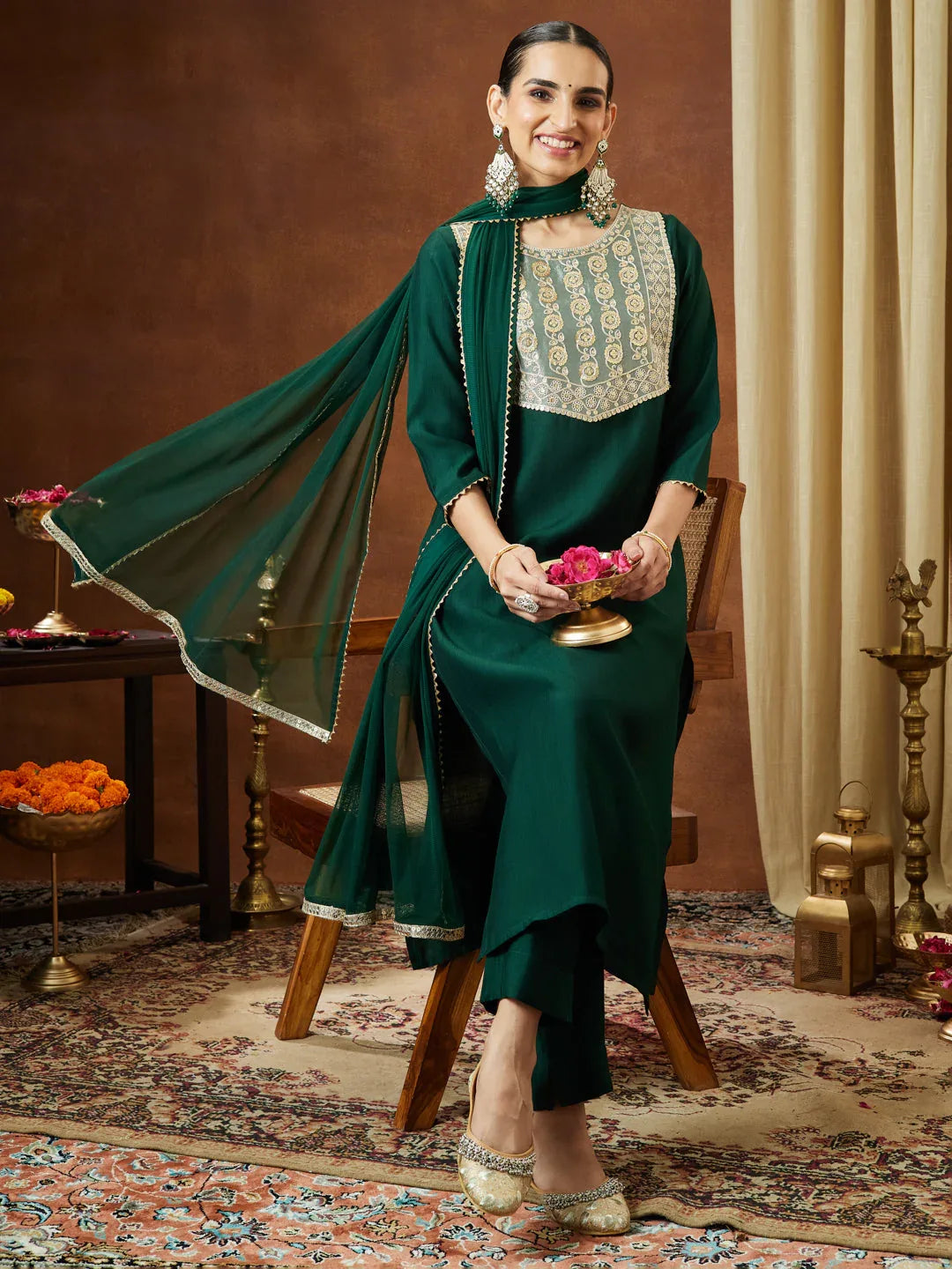 Janasya Women's Bottle Green Silk Blend Embellished Yoke Design Straight Kurta Set