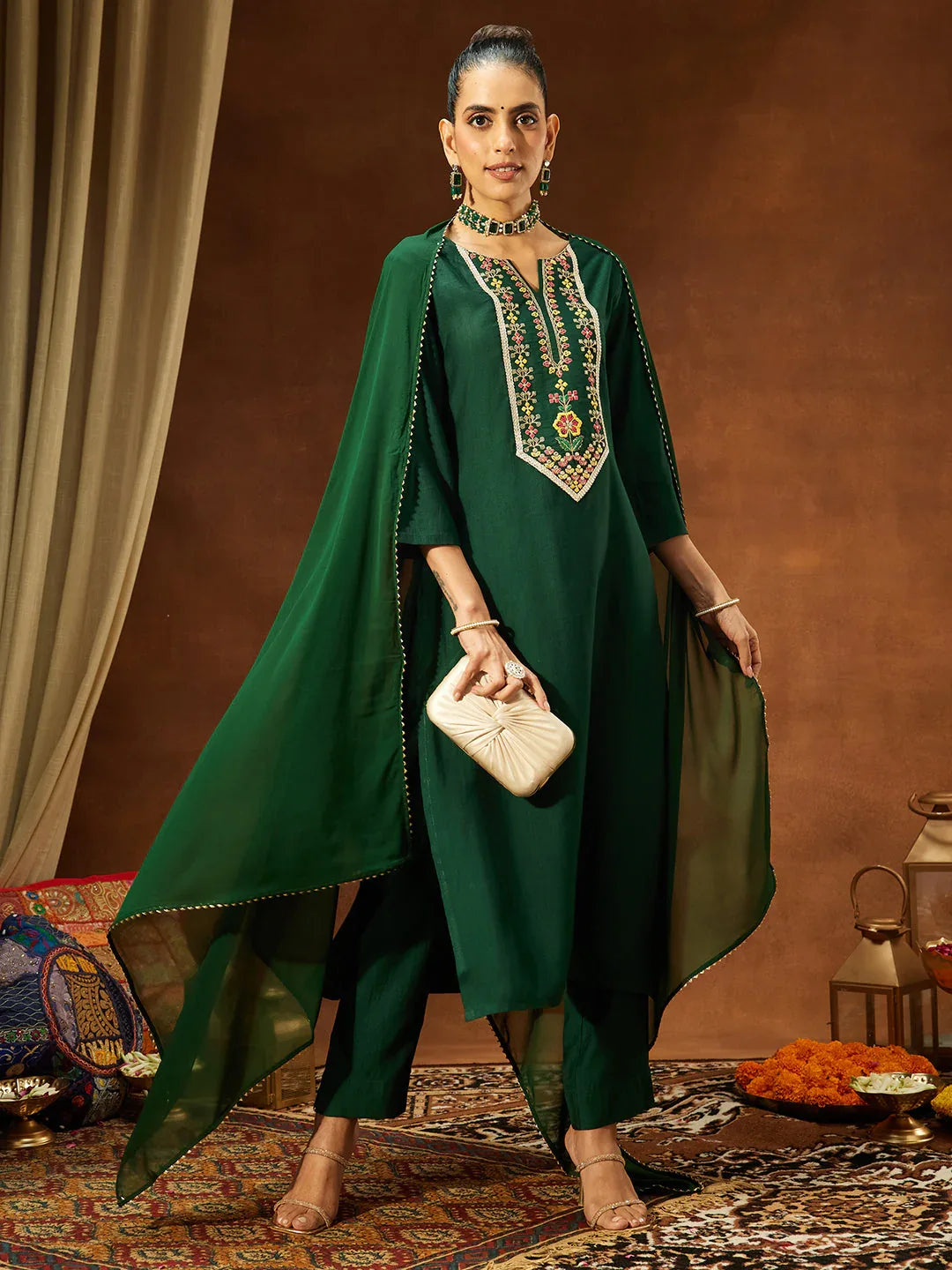 Janasya Women's Bottle Green Silk Blend Yoke Embroidered Straight Kurta Set