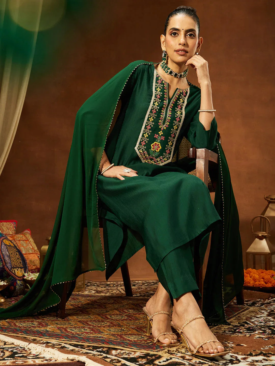 Janasya Women's Bottle Green Silk Blend Yoke Embroidered Straight Kurta Set
