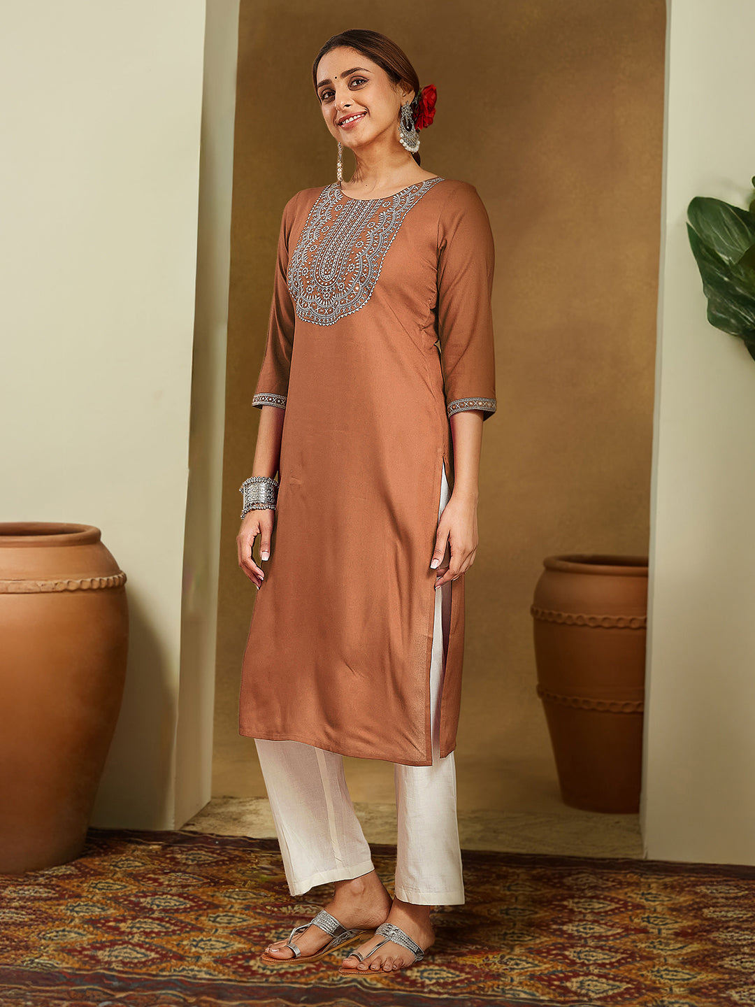 Janasya Women's Brown Rayon Embroidered Straight Kurta - qivii