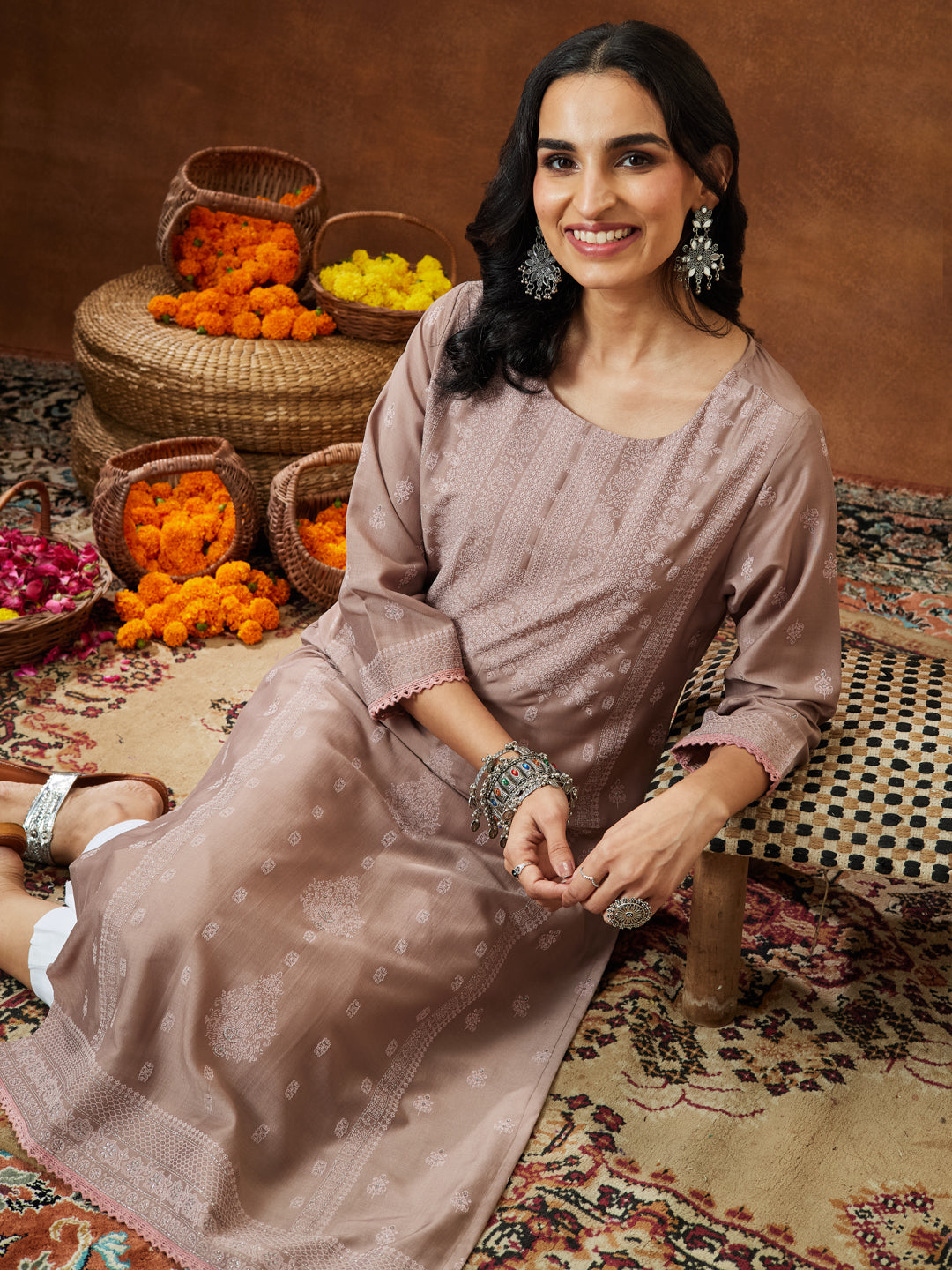 Janasya Women's Brown Silk Blend Ethnic Printed Straight Kurta Set