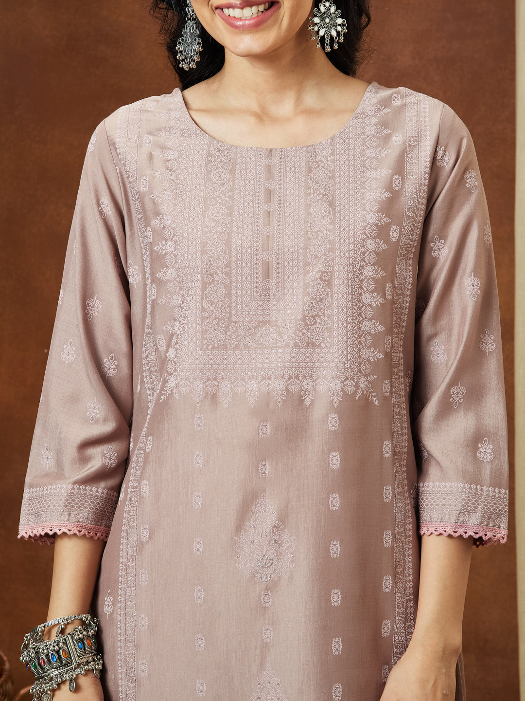 Janasya Women's Brown Silk Blend Ethnic Printed Straight Kurta Set