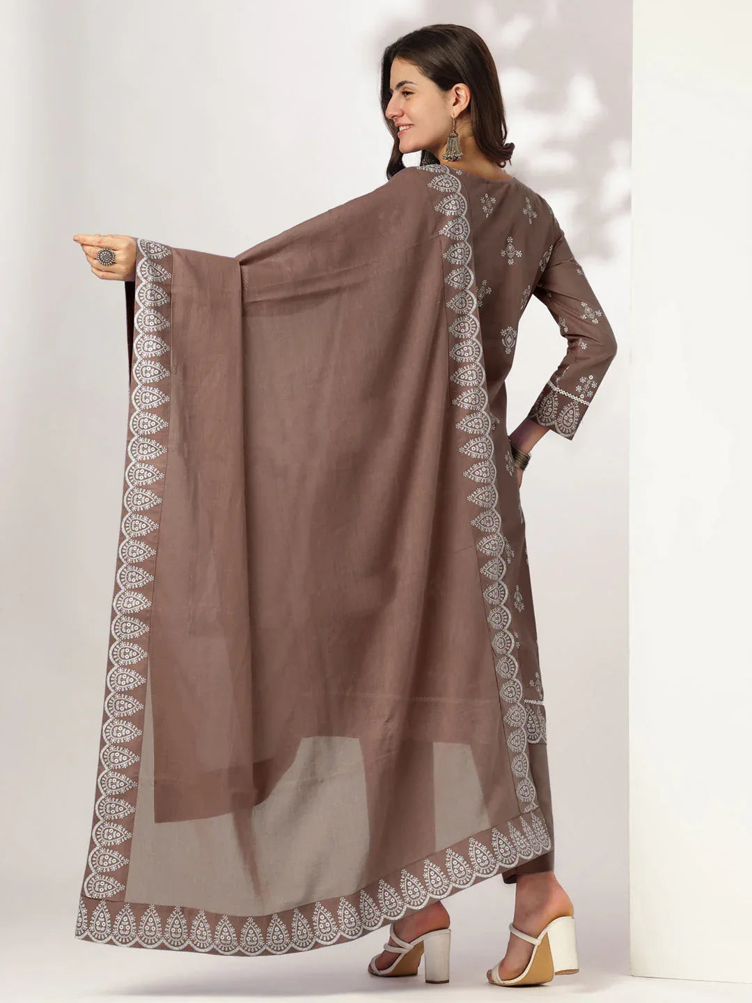 Janasya Women's Brown Pure Cotton Ethnic Motifs Printed A-line Kurta Set