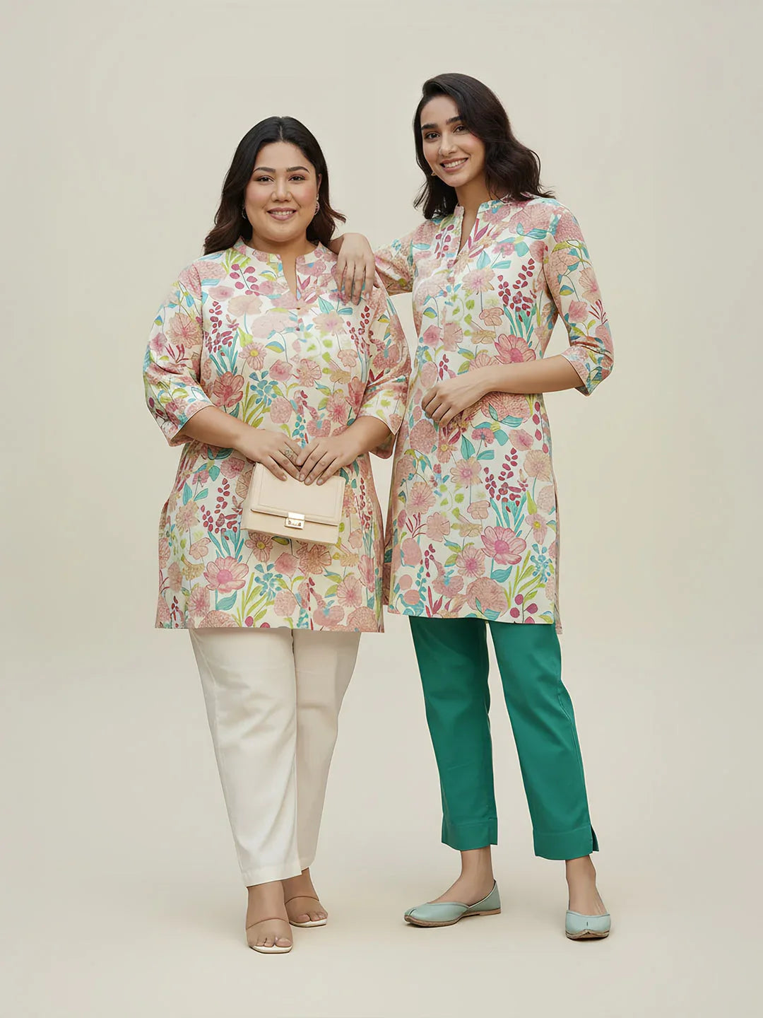 Plus Size Cream Pure Cotton Floral Printed A-line Tunic