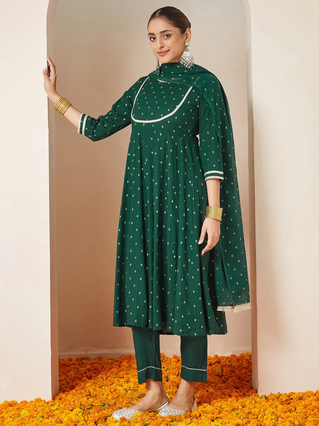 Janasya Women's Dark Green Rayon Gold Printed Anarkali Kurta Set