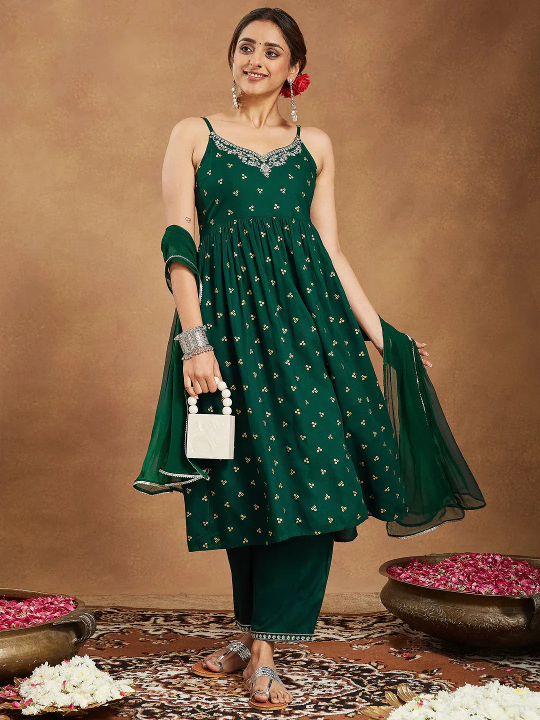 Janasya Women's Dark Green Rayon Yoke Embroidered Gold Printed A-line Kurta Set