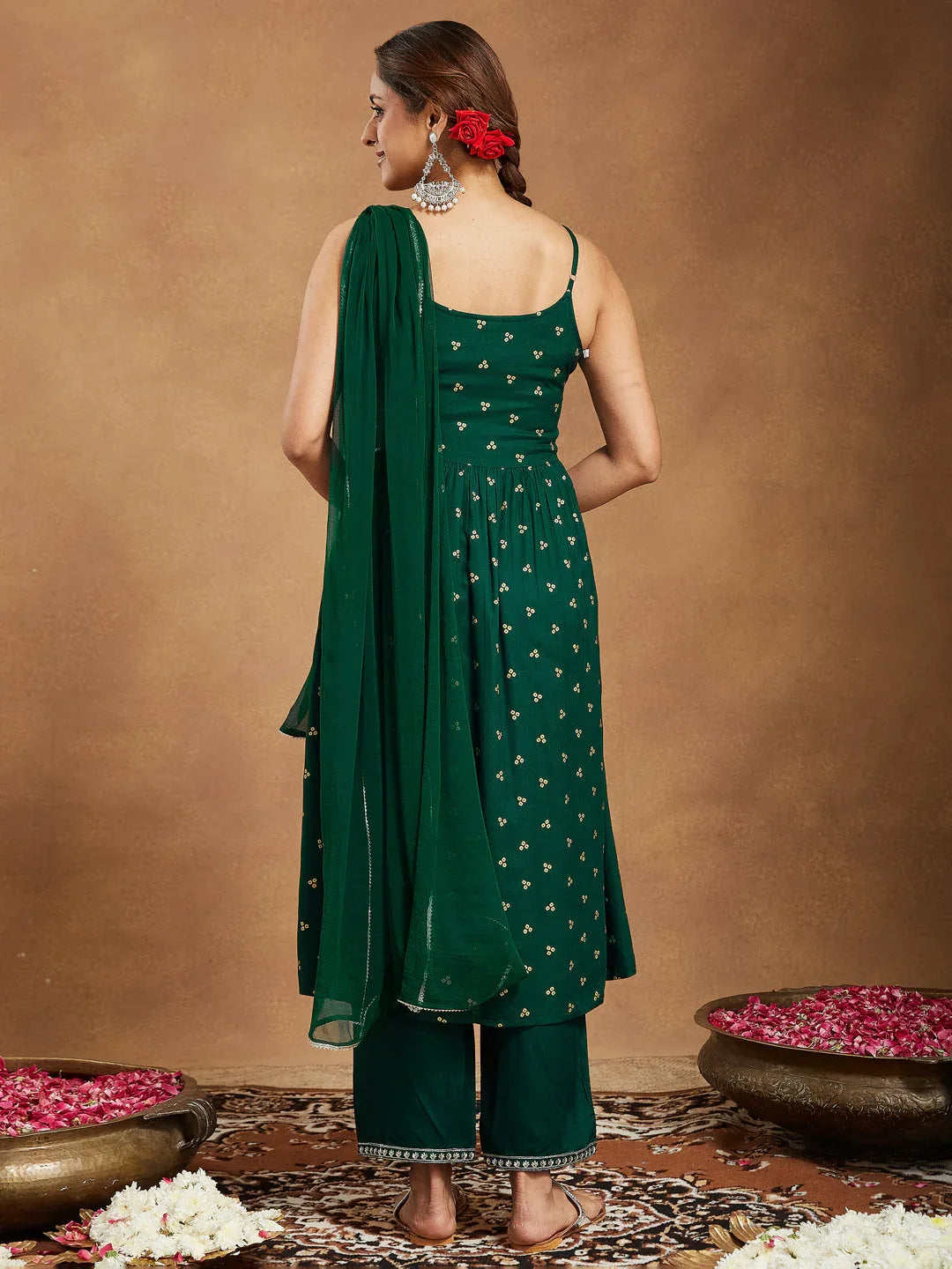 Janasya Women's Dark Green Rayon Yoke Embroidered Gold Printed A-line Kurta Set