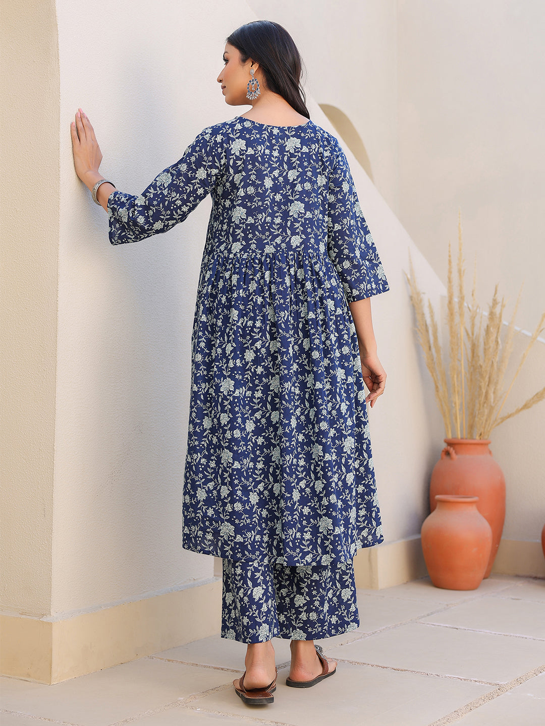 Indigo Pure Cotton Floral Printed Gathered Maternity Kurta Set - qivii