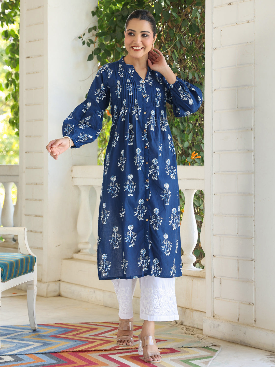 Indigo Pure Cotton Floral Printed Pleated Kurta - qivii
