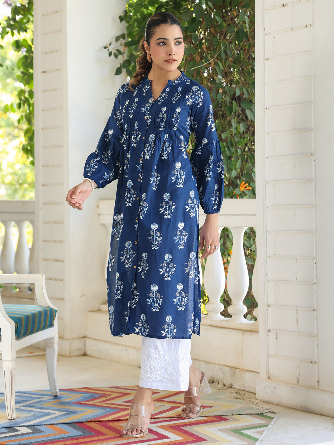 Indigo Pure Cotton Floral Printed Pleated Kurta - qivii