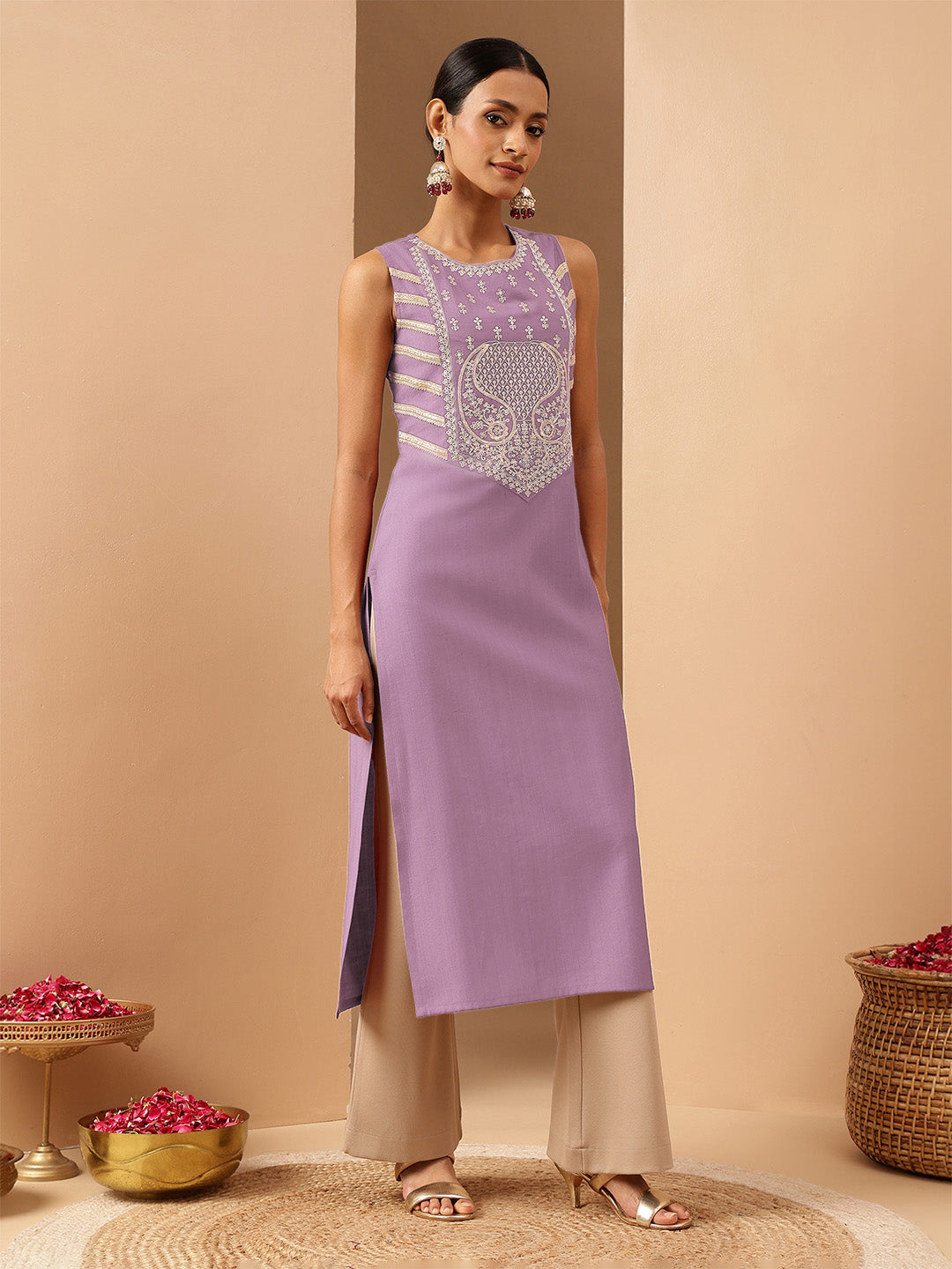 Janasya Women's Lavender Silk Blend Zari Embroidered Straight Kurta - qivii