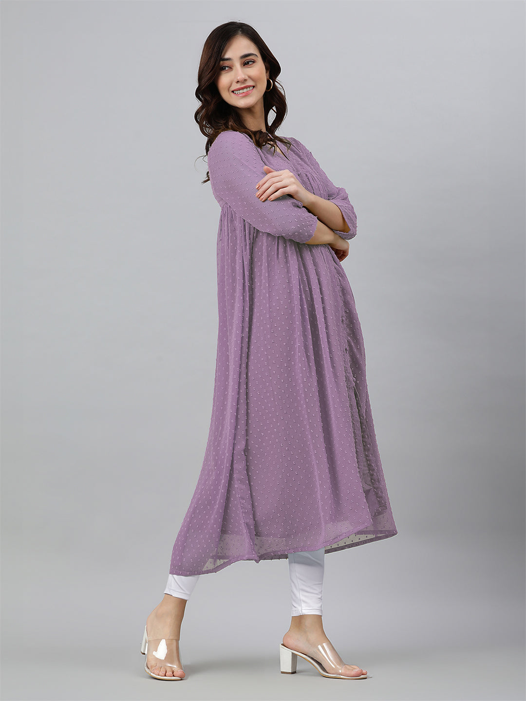 Lavender Dobby Chiffon Woven Design Front Slit Flared Kurta - qivii