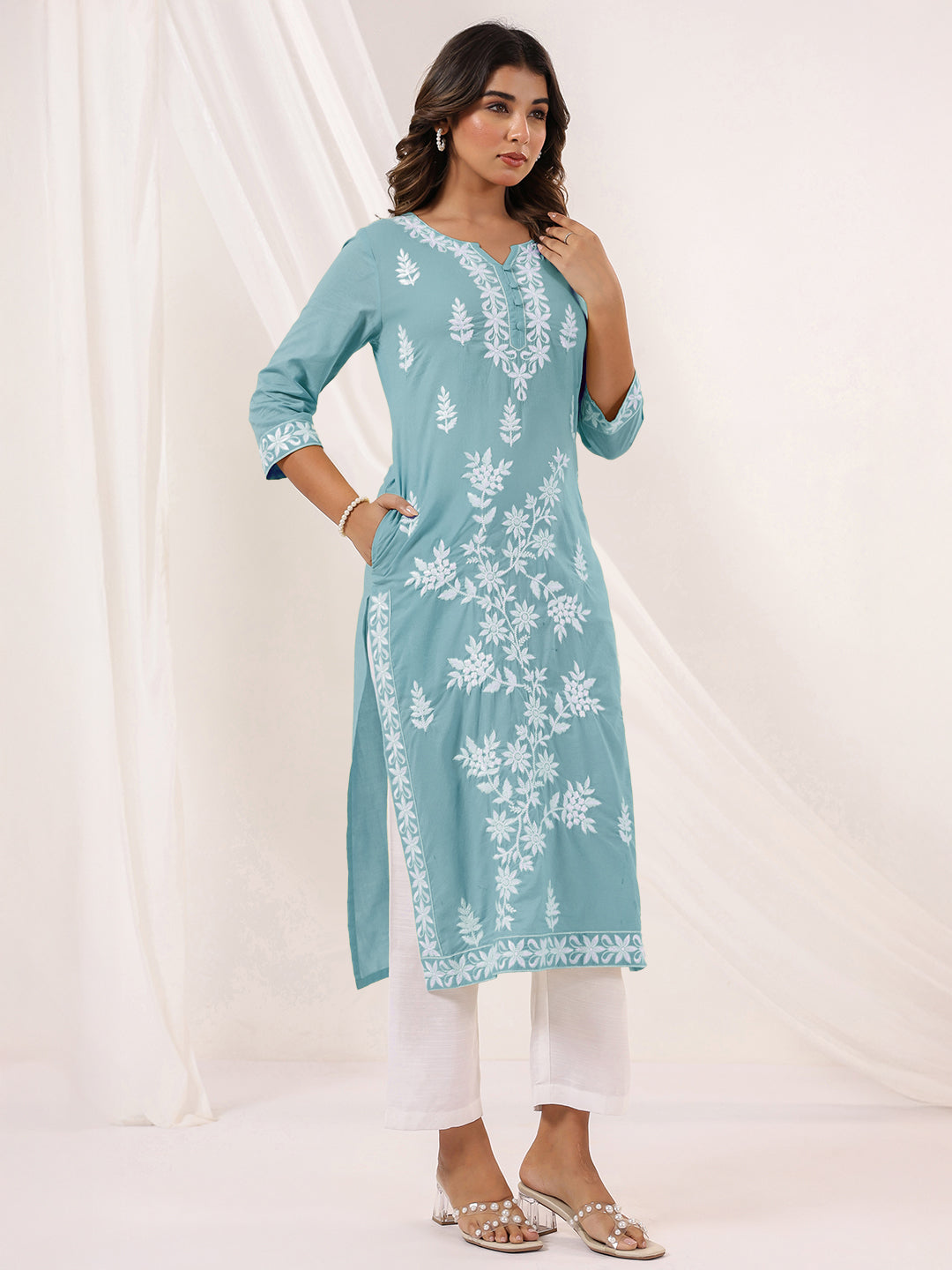 Janasya Women's Light Blue Pure Cotton Embroidered Straight Kurta - qivii