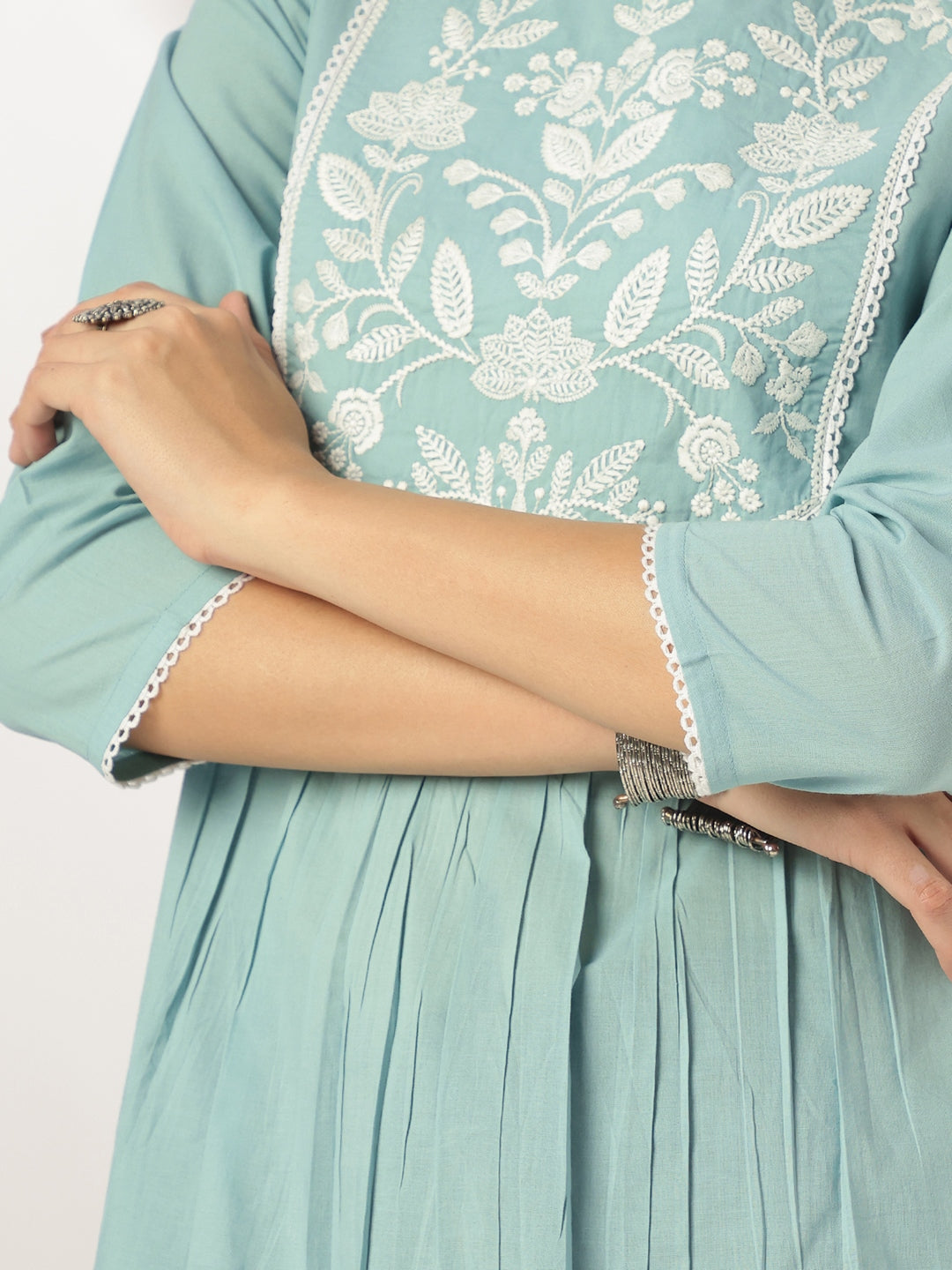 Janasya Women's Light Blue Pure Cotton Yoke Embroidered A-line Kurta - qivii