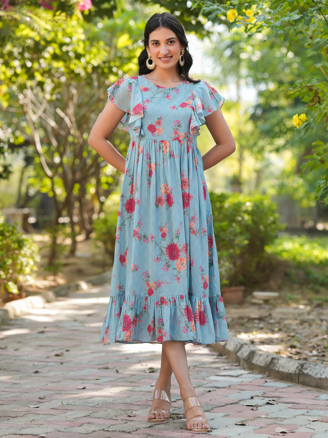 Light Blue Georgette Floral Printed Tiered Dress - qivii