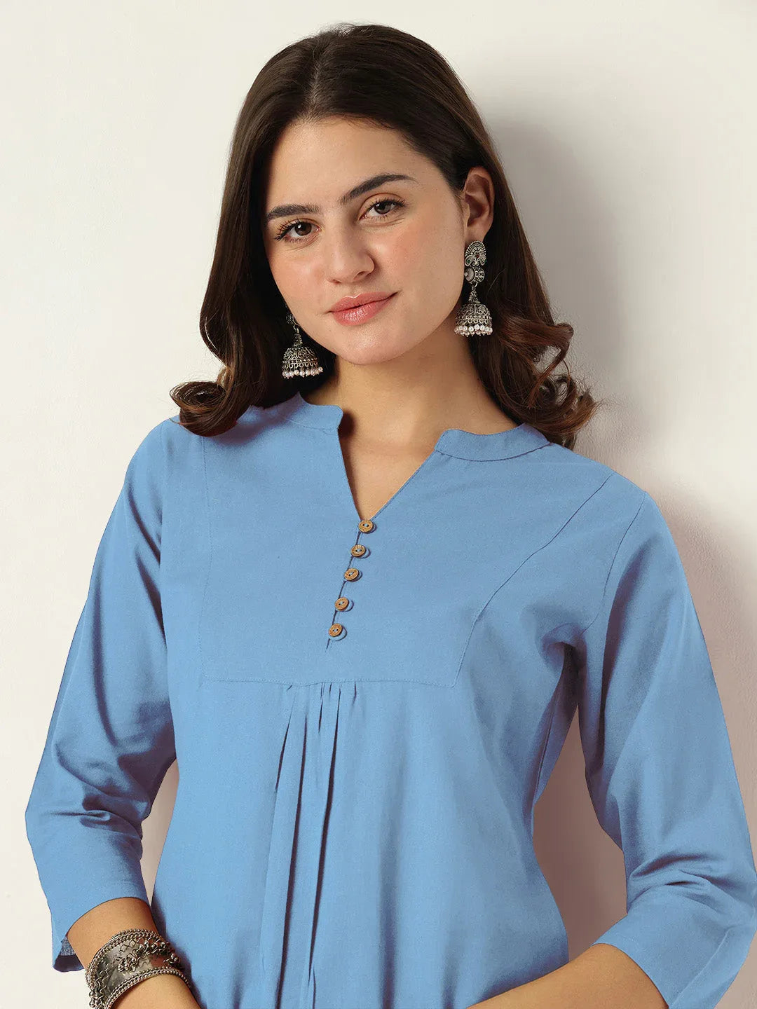 Janasya Women's Light Blue Cotton Solid A-line Co-ord Set
