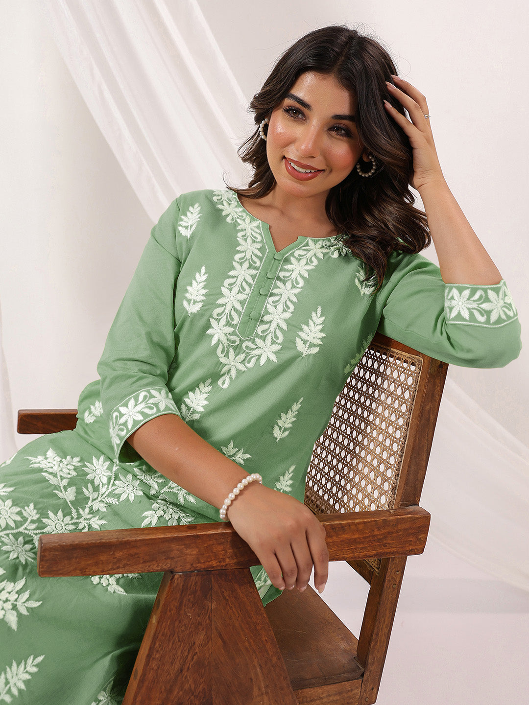 Janasya Women's Light Green Pure Cotton Embroidered Straight Kurta - qivii