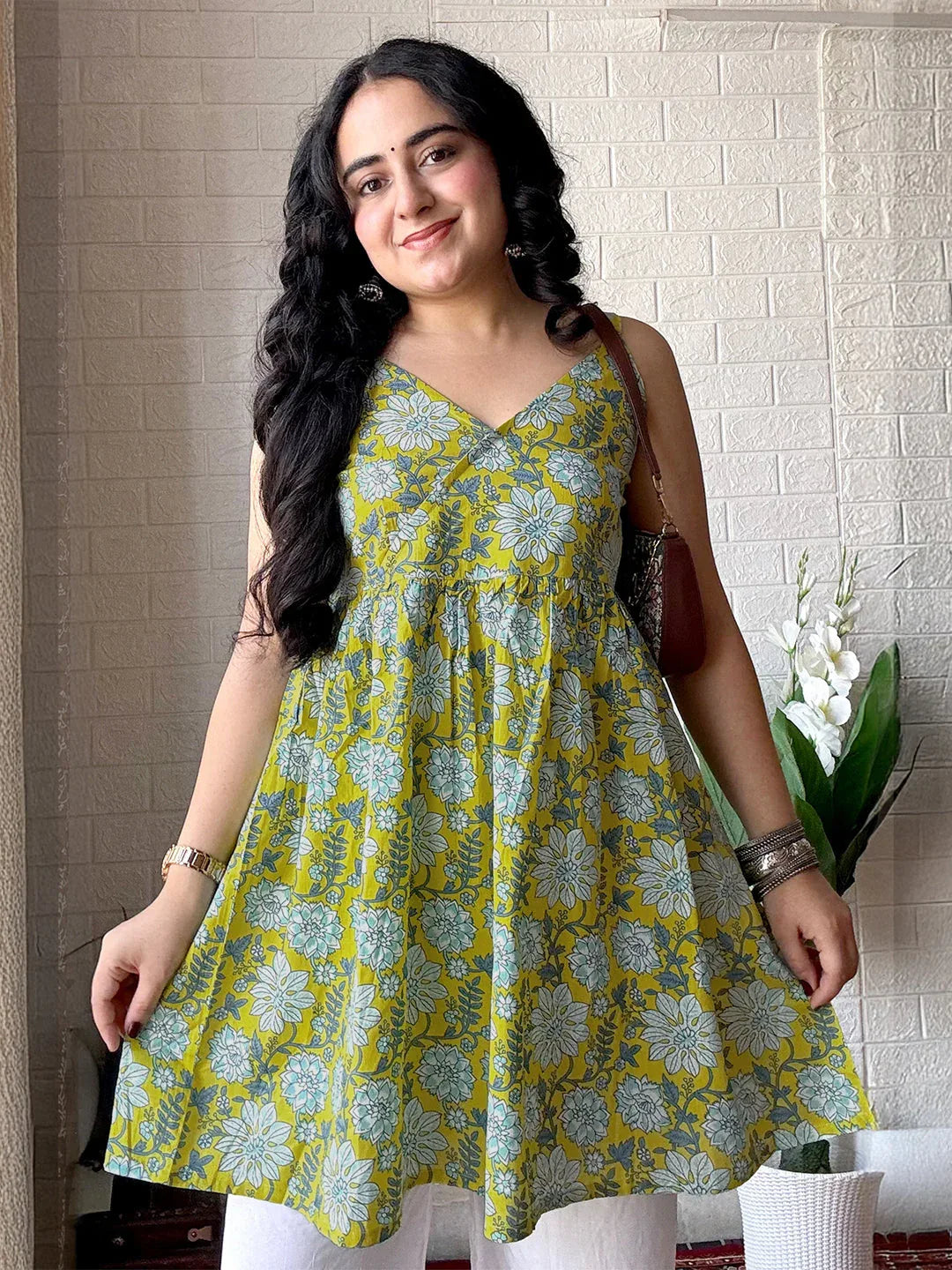 Lime Pure Cotton Floral Printed A-Line Tunic