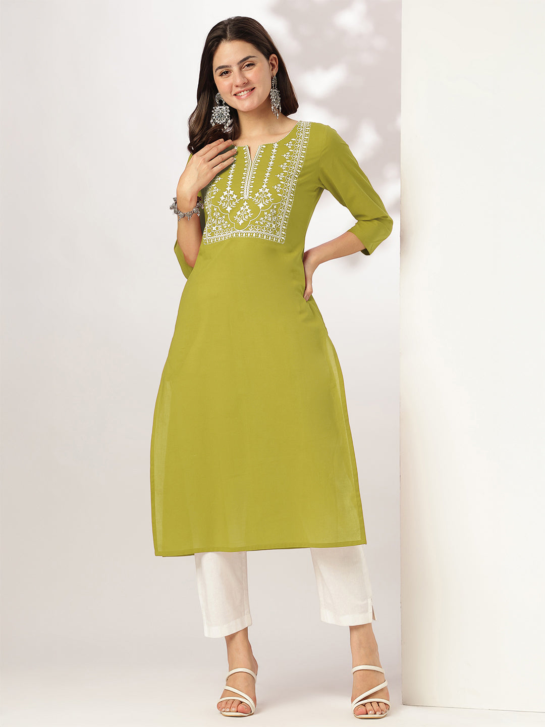 Janasya Women's Lime Green Pure Cotton Yoke Embroidered Straight Kurta - qivii