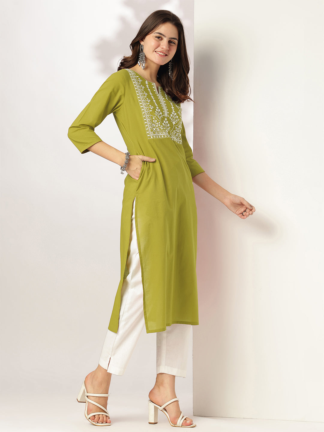 Janasya Women's Lime Green Pure Cotton Yoke Embroidered Straight Kurta - qivii