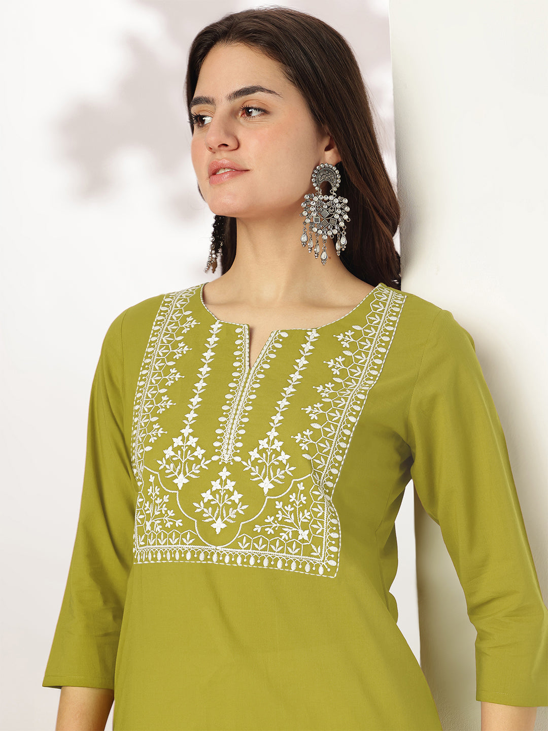 Janasya Women's Lime Green Pure Cotton Yoke Embroidered Straight Kurta - qivii