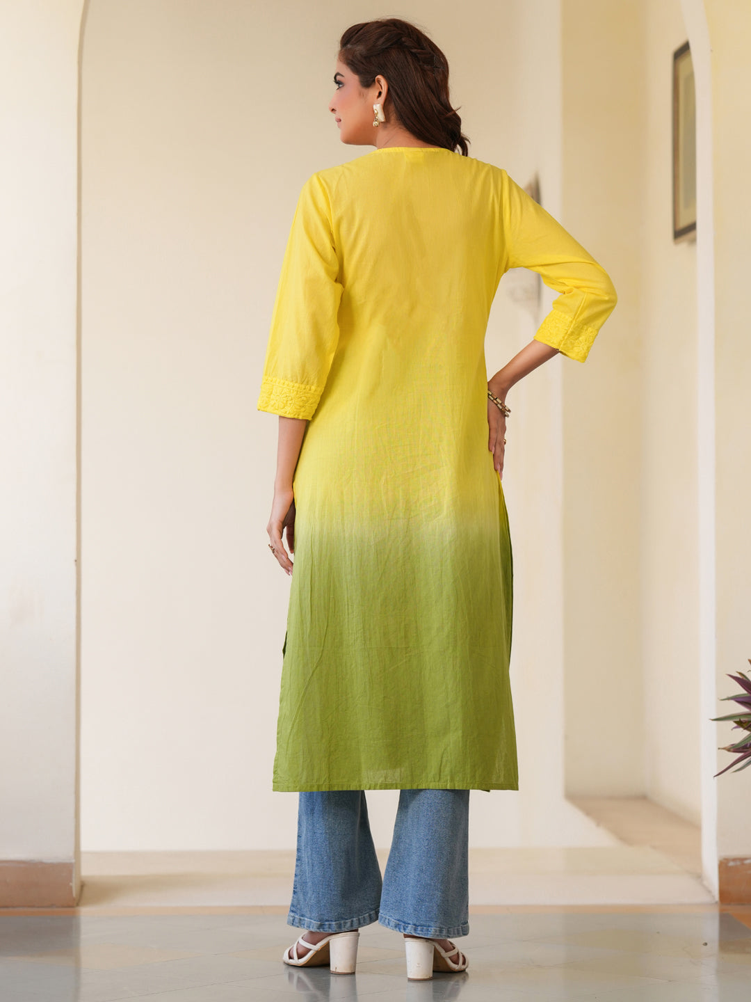 Lime Yellow Pure Cotton Ombre Chikankari Embroidered Straight Kurta - qivii