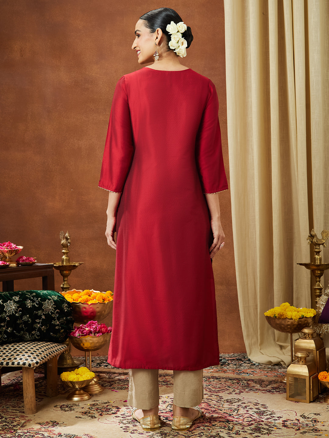 Janasya Women's Maroon Chanderi Silk Zari Yoke Embroidered Straight Kurta - qivii