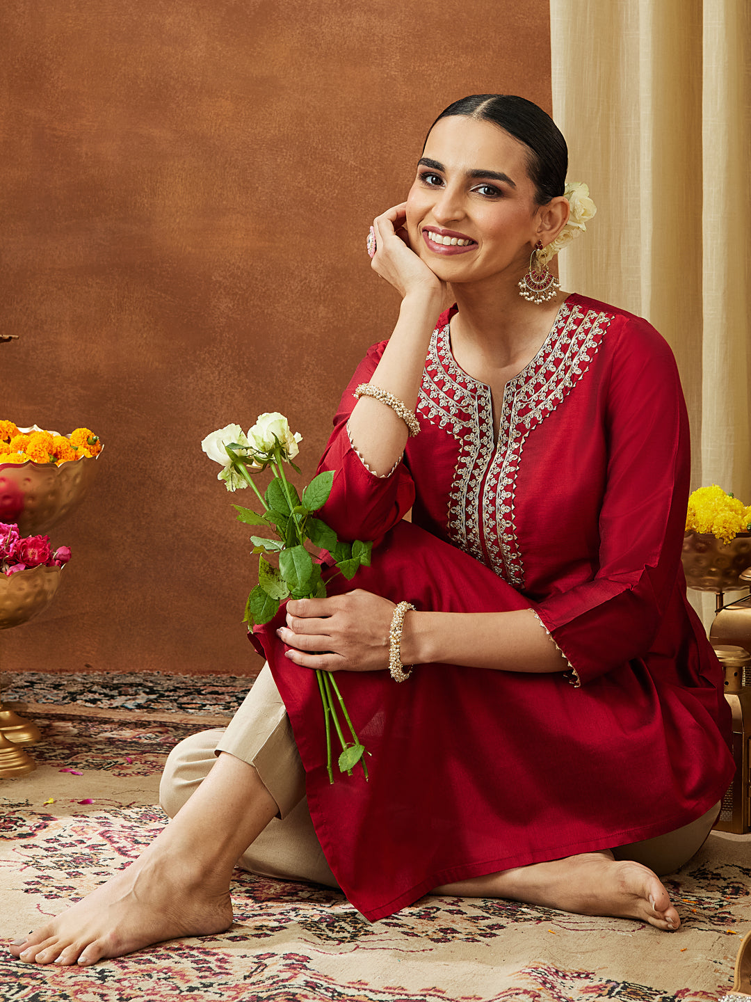 Janasya Women's Maroon Chanderi Silk Zari Yoke Embroidered Straight Kurta - qivii