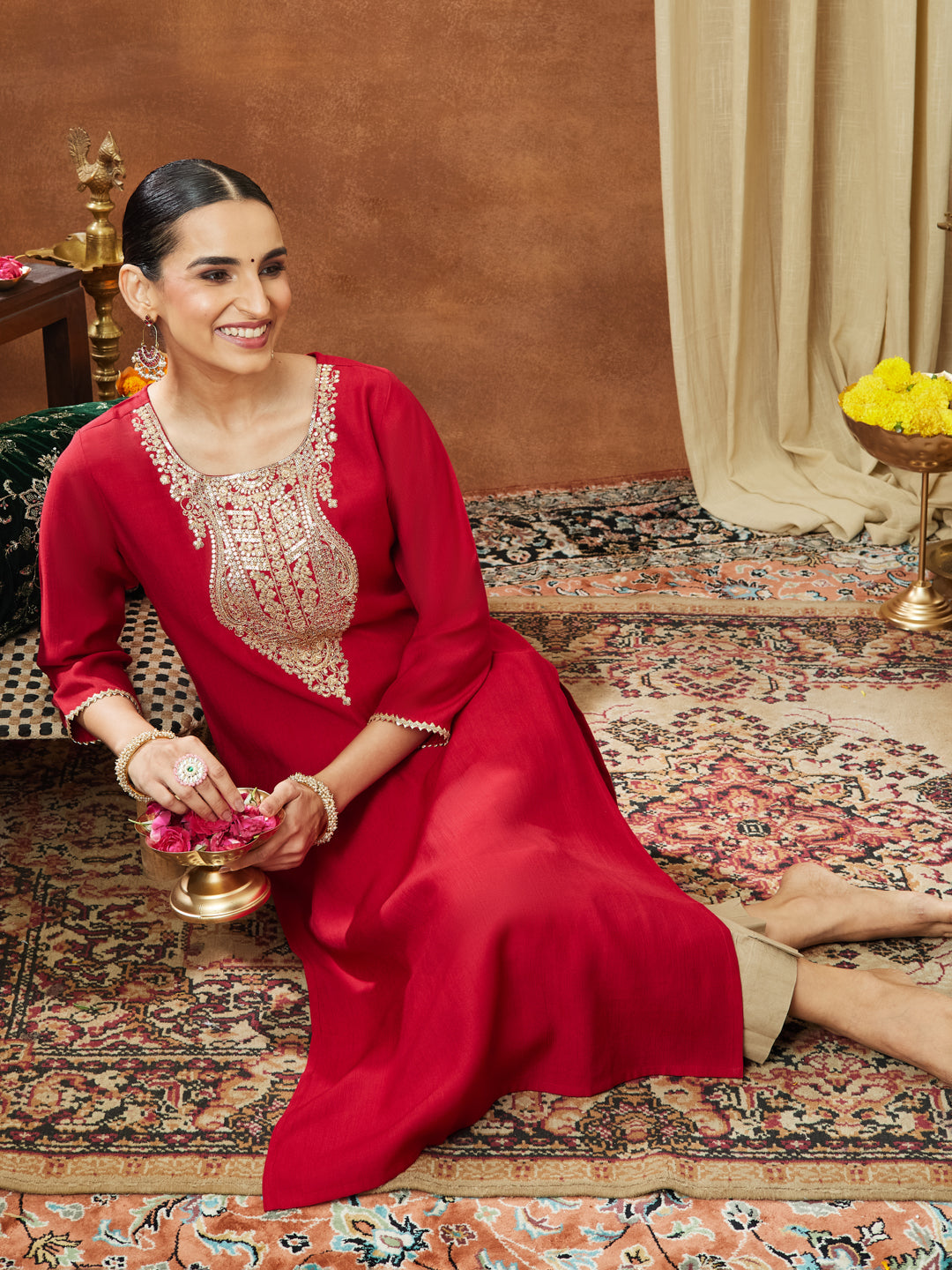 Janasya Women's Maroon Silk Blend Yoke Embroidered Straight Kurta - qivii