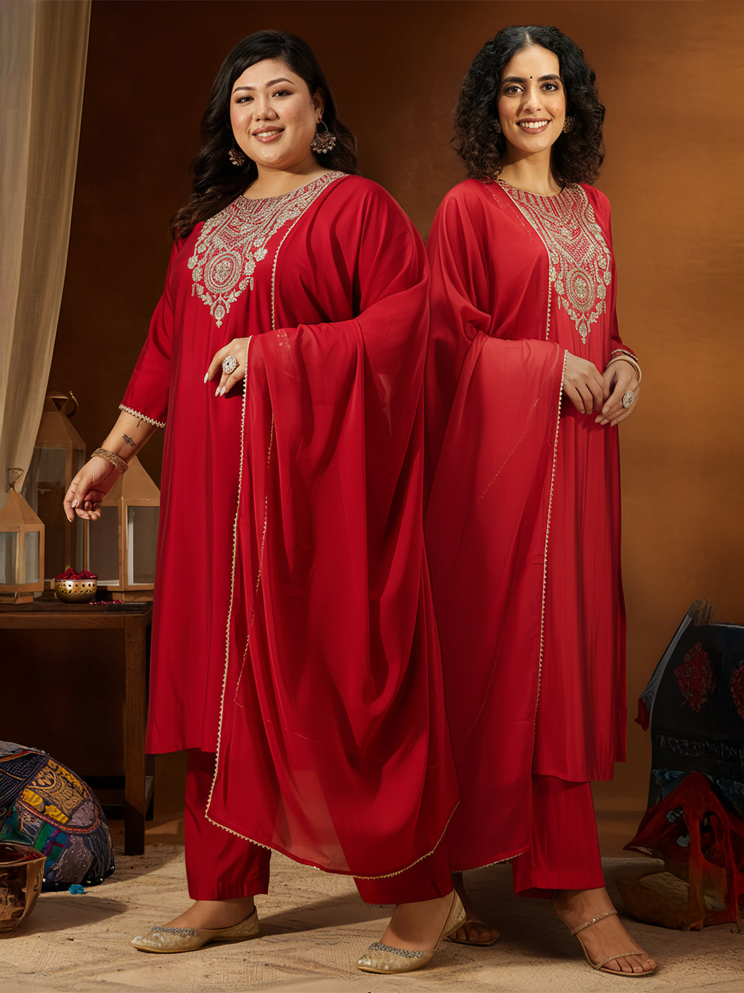 Janasya Women's Plus Size Maroon Chanderi Silk Yoke Embroidered Straight Kurta Set - qivii