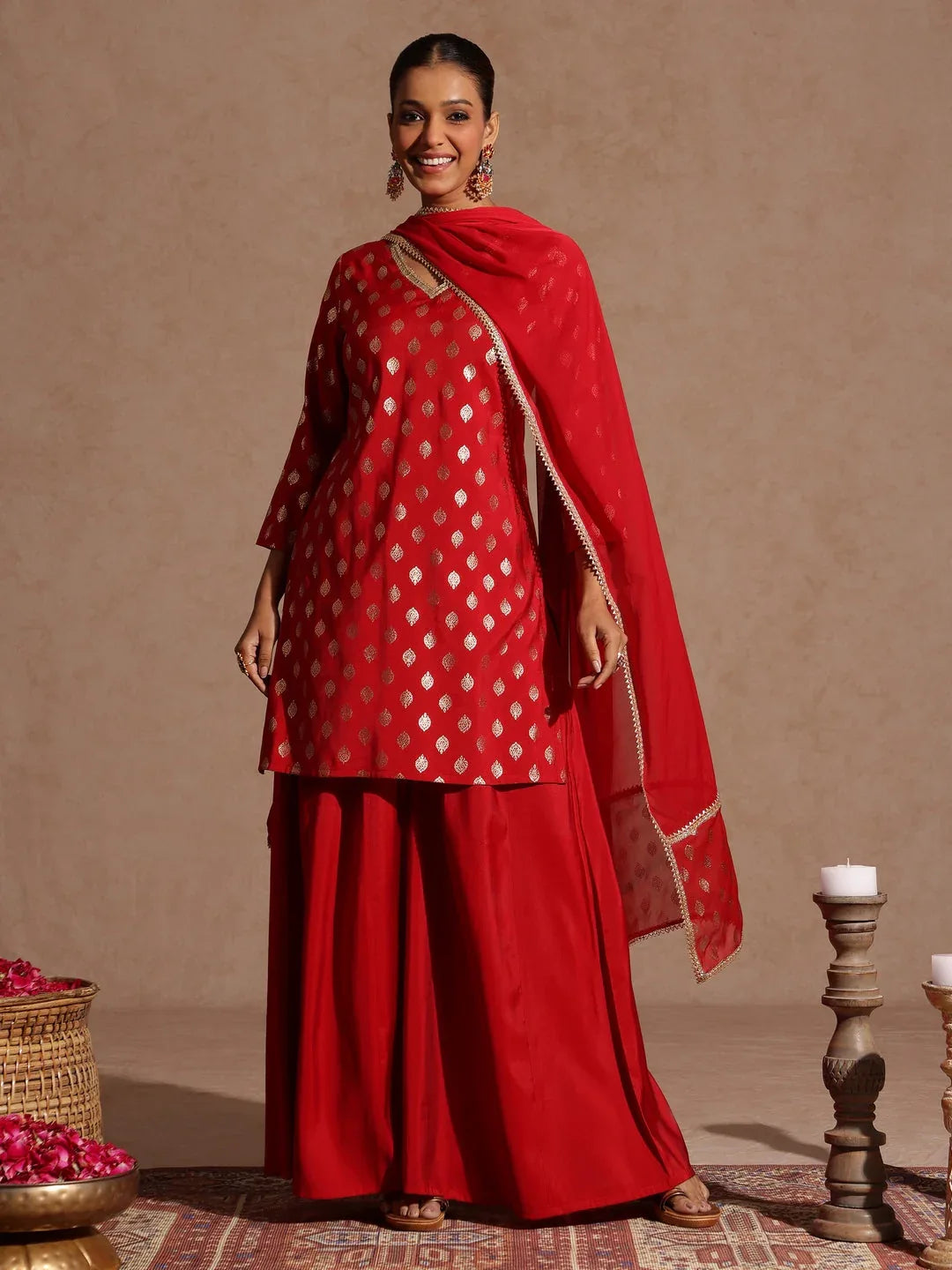 Janasya Women's Maroon Chanderi Silk Embellished Gold Printed Kurta With Sharara & Dupatta Set
