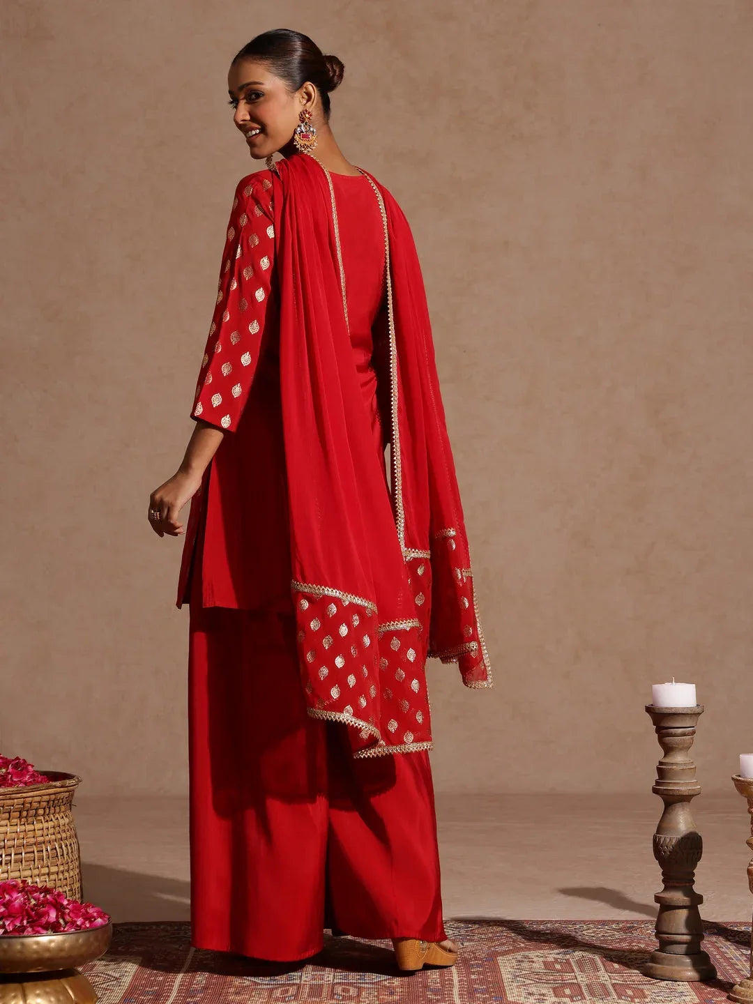 Janasya Women's Maroon Chanderi Silk Embellished Gold Printed Kurta With Sharara & Dupatta Set
