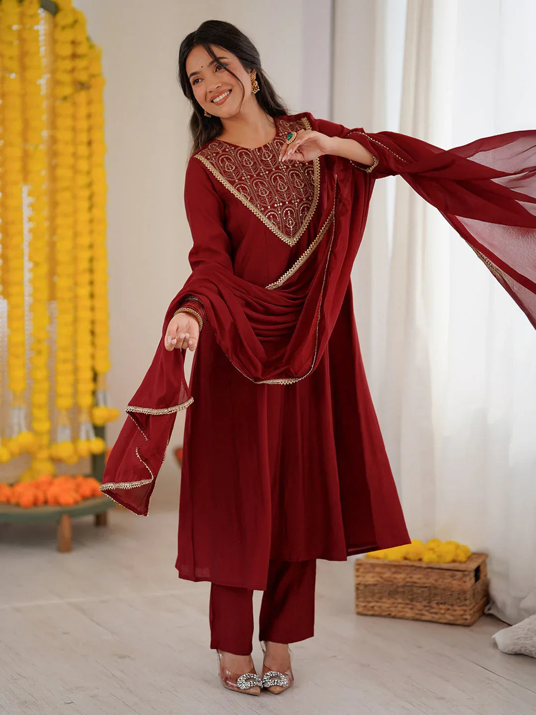 Janasya Women's Maroon Chanderi Silk Embroidered Anarkali Kurta Set