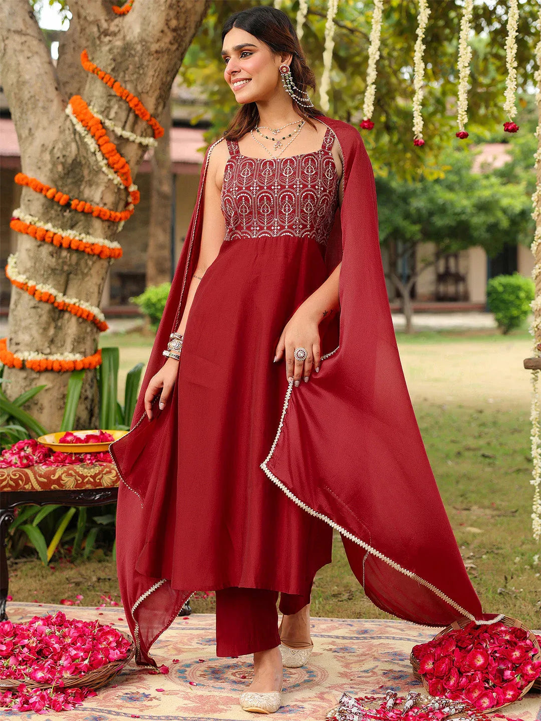 Janasya Women's Maroon Chanderi Silk Zari Embroiderd A-line Kurta Set