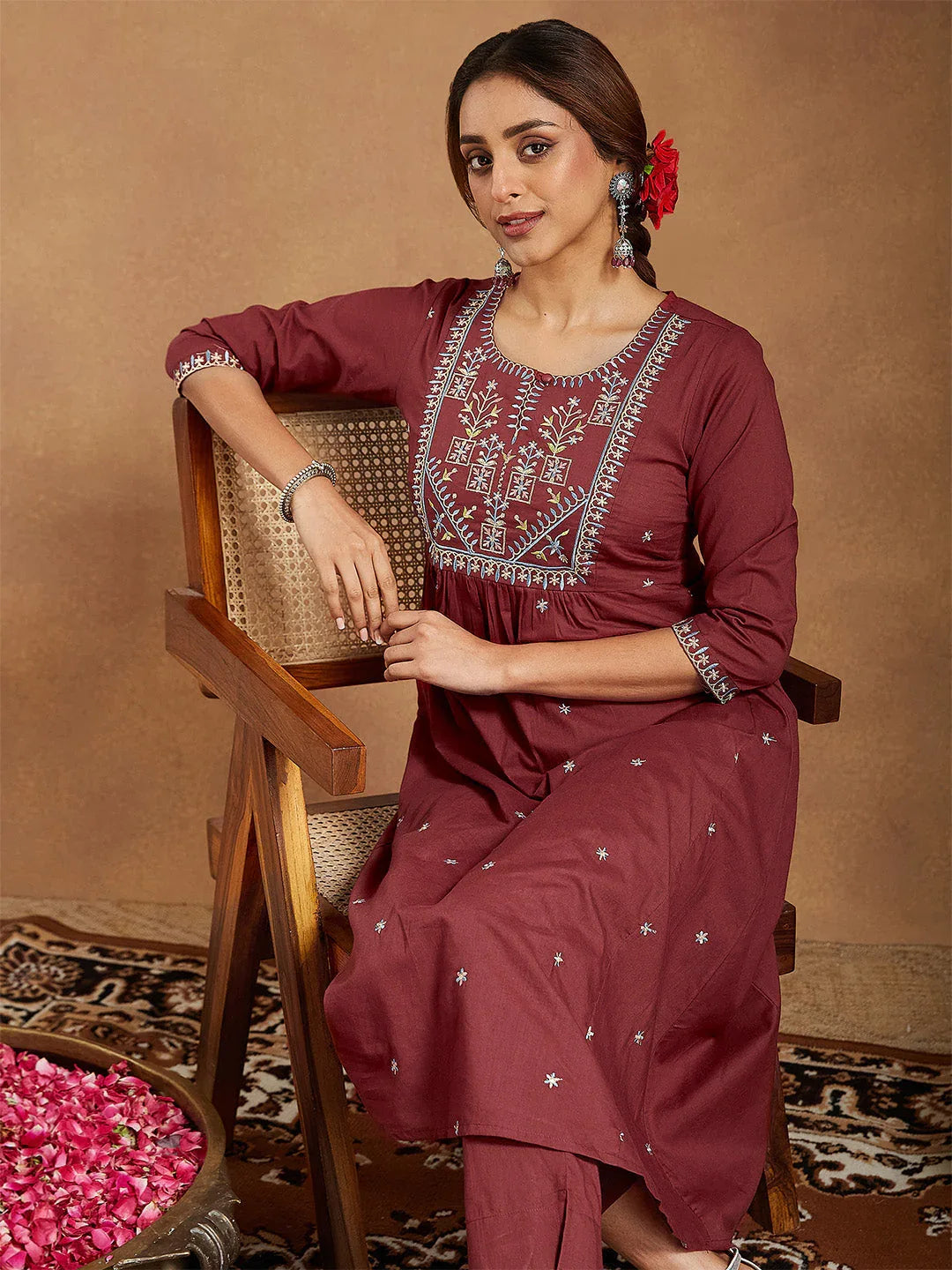 Janasya Women's Maroon Pure Cotton Embroidered A-line Kurta With Pant Set