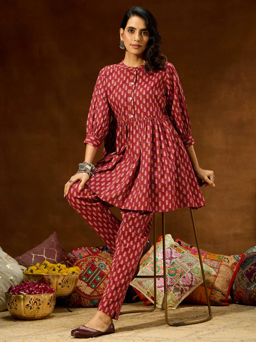 Janasya Women's Maroon Pure Cotton Ethnic Motifs Printed Peplum Co-ord Set