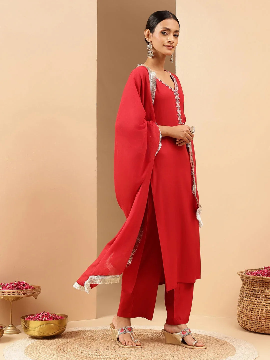 Janasya Women's Maroon Rayon Yoke Embroidered Straight Kurta Set